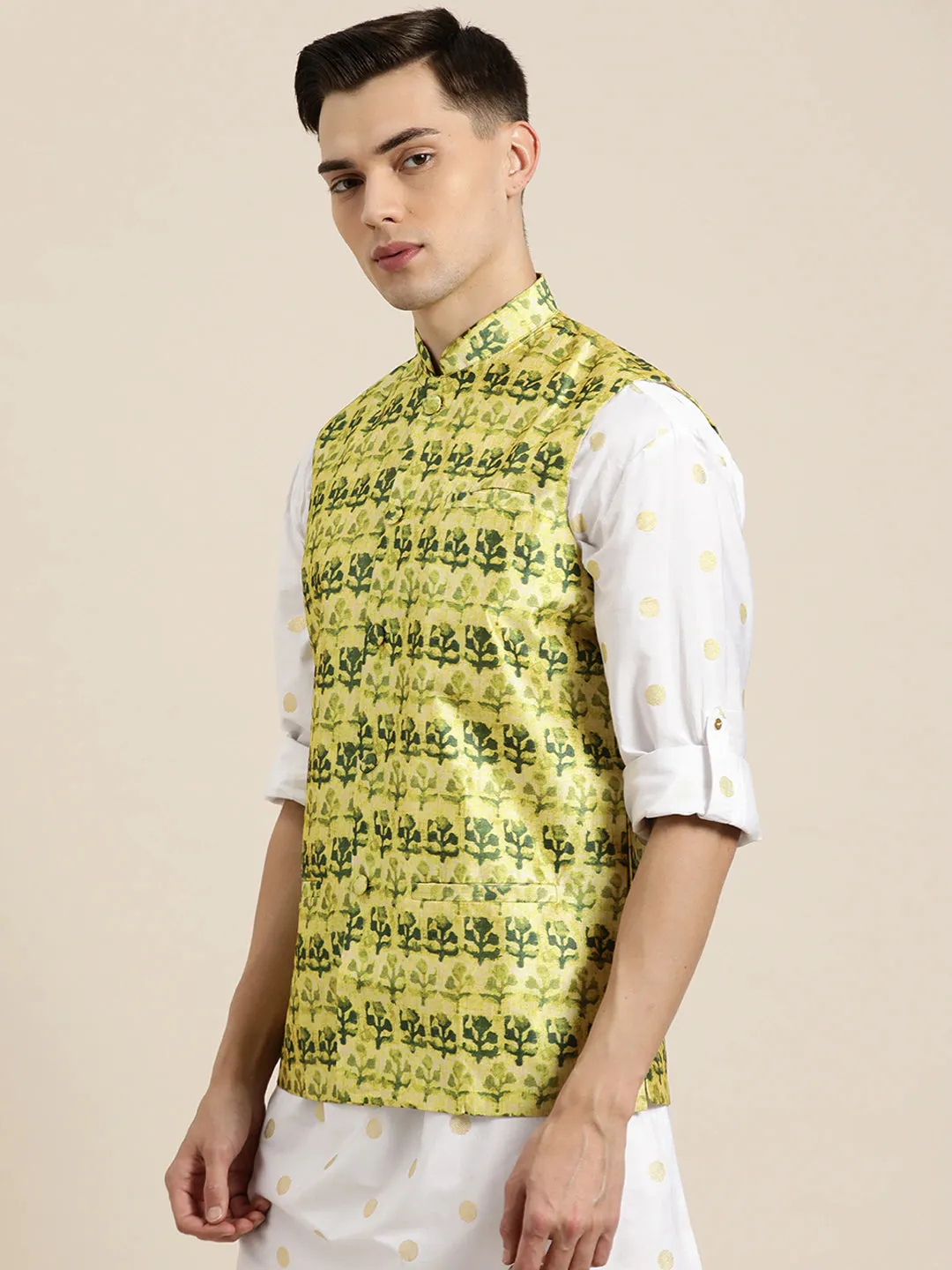 Men's Silk Blend Lime Green Printed Only Nehrujacket - Sojanya