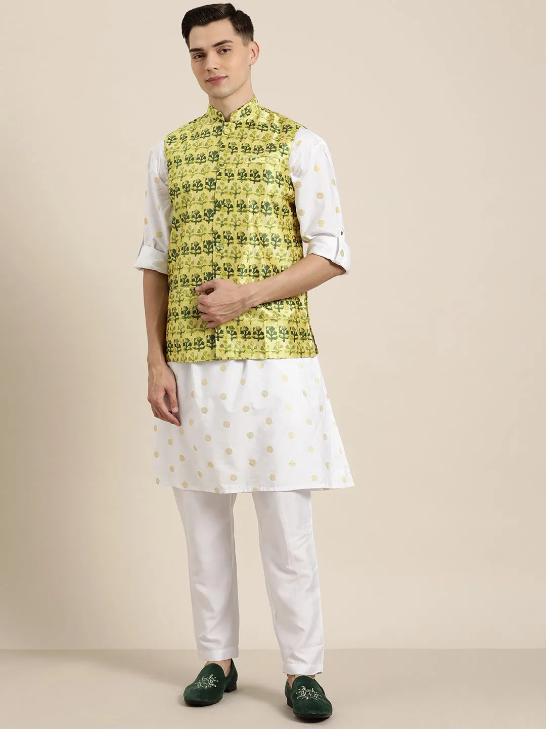 Men's Silk Blend Lime Green Printed Only Nehrujacket - Sojanya