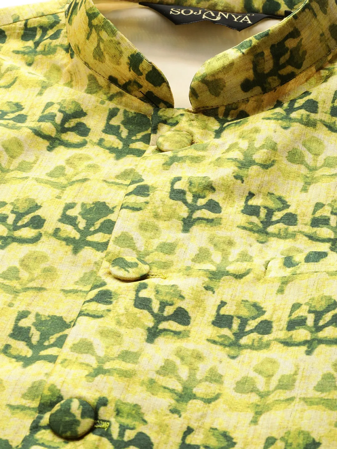 Men's Silk Blend Lime Green Printed Only Nehrujacket - Sojanya