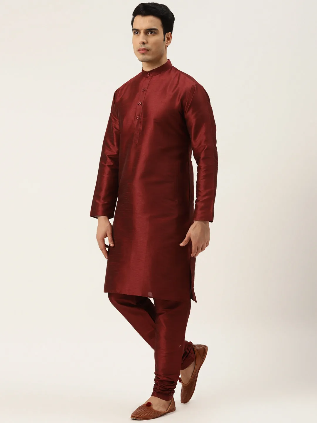 Men's Silk Blend Maroon Kurta Pyjama & Fawn Sherwani Set - Sojanya