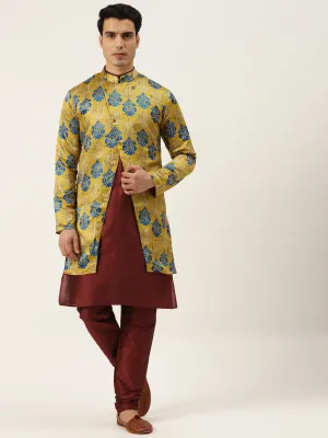 Men's Silk Blend Maroon Kurta Pyjama & Gold Sherwani Set - Sojanya