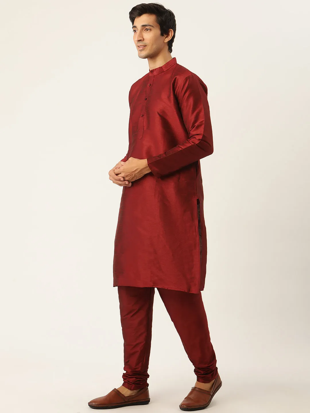 Men's Silk Blend Maroon Kurta Pyjama & Olive Nehrujacket Combo - Sojanya