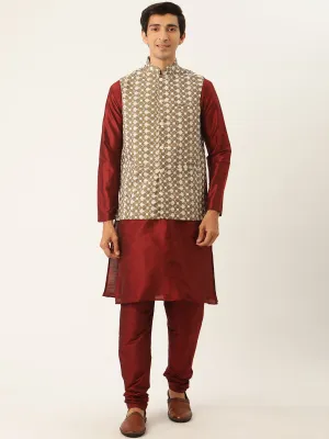 Men's Silk Blend Maroon Kurta Pyjama & Olive Nehrujacket Combo - Sojanya