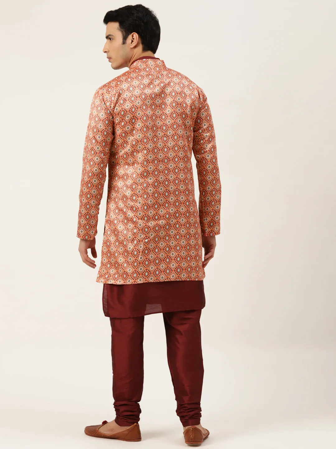 Men's Silk Blend Maroon Kurta Pyjama & Peach Sherwani Set - Sojanya