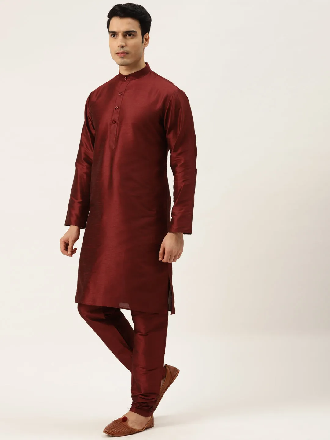 Men's Silk Blend Maroon Kurta Pyjama & Peach Sherwani Set - Sojanya