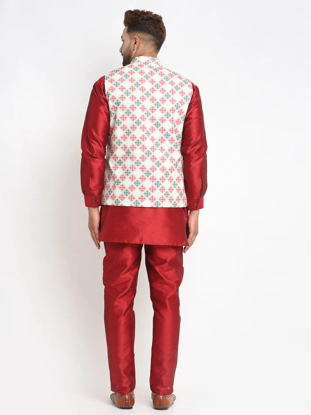 Men's Silk Blend Maroon Kurta With Pyjama & Green Printed Nehru Jacket - Benstoke