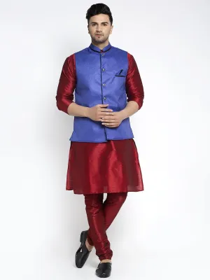 Men's Silk Blend Maroon Kurta With Pyjama & Royal Blue Nehru Jacket - Benstoke