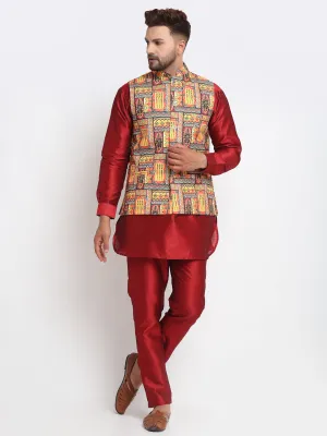 Men's Silk Blend Maroon Kurta With Pyjama & Yellow Printed Nehru Jacket - Benstoke