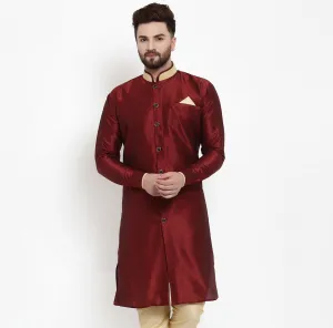 Men's Silk Blend Maroon Solid Straight Kurta - Benstoke