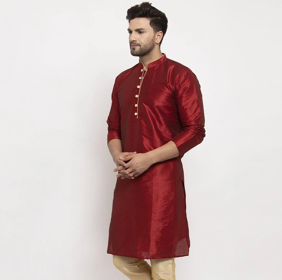 Men's Silk Blend Maroon Straight Long Kurta - Benstoke