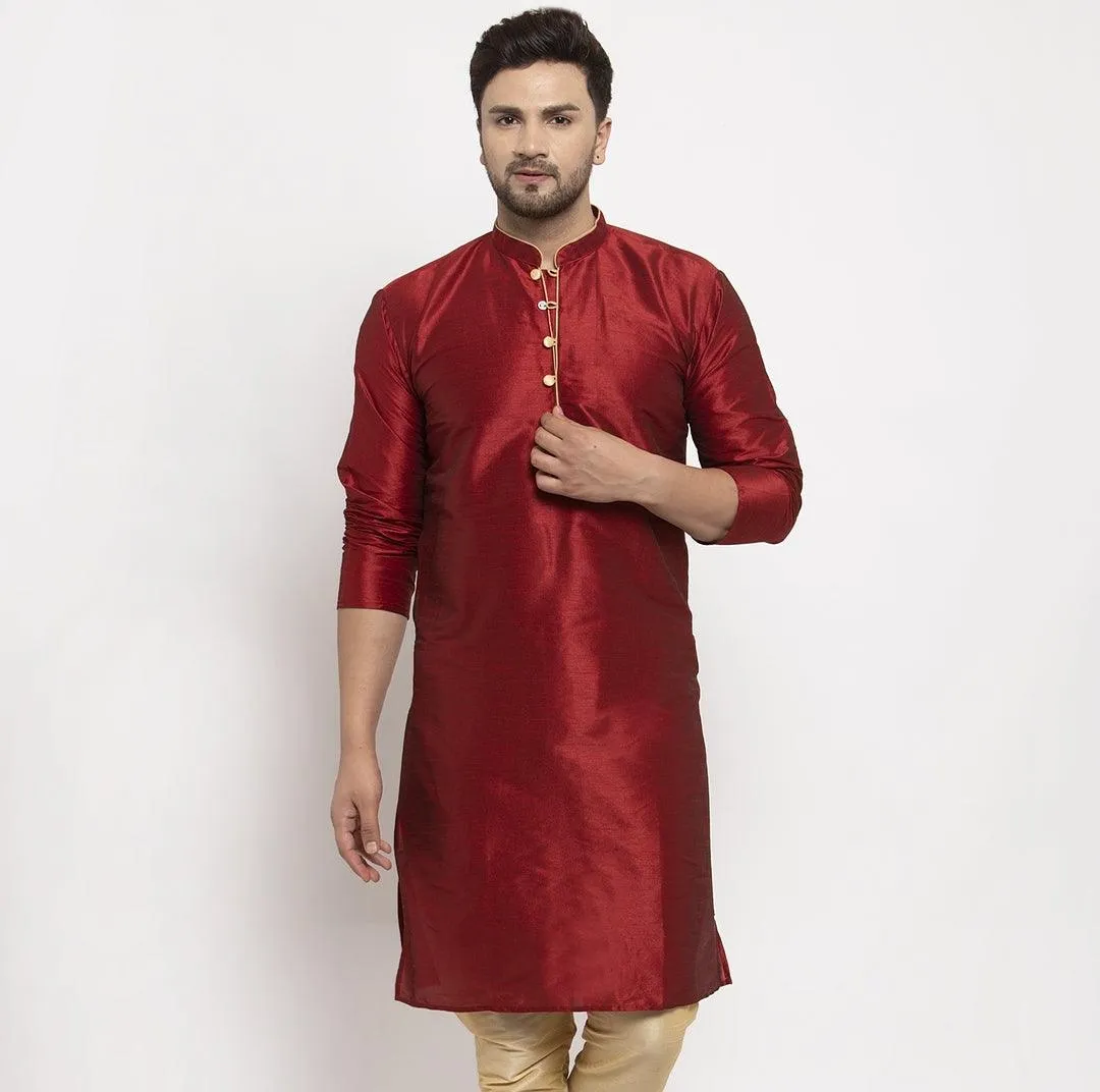 Men's Silk Blend Maroon Straight Long Kurta - Benstoke