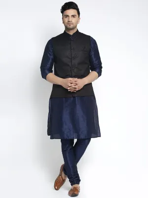 Men's Silk Blend Navy Blue Kurta With Pyjama & Black Nehru Jacket - Benstoke