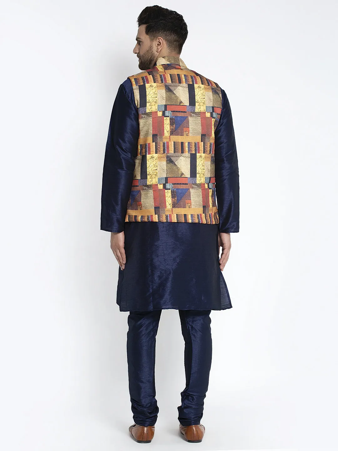 Men's Silk Blend Navy Blue Kurta With Pyjama & Multi Printed Nehru Jacket - Benstoke