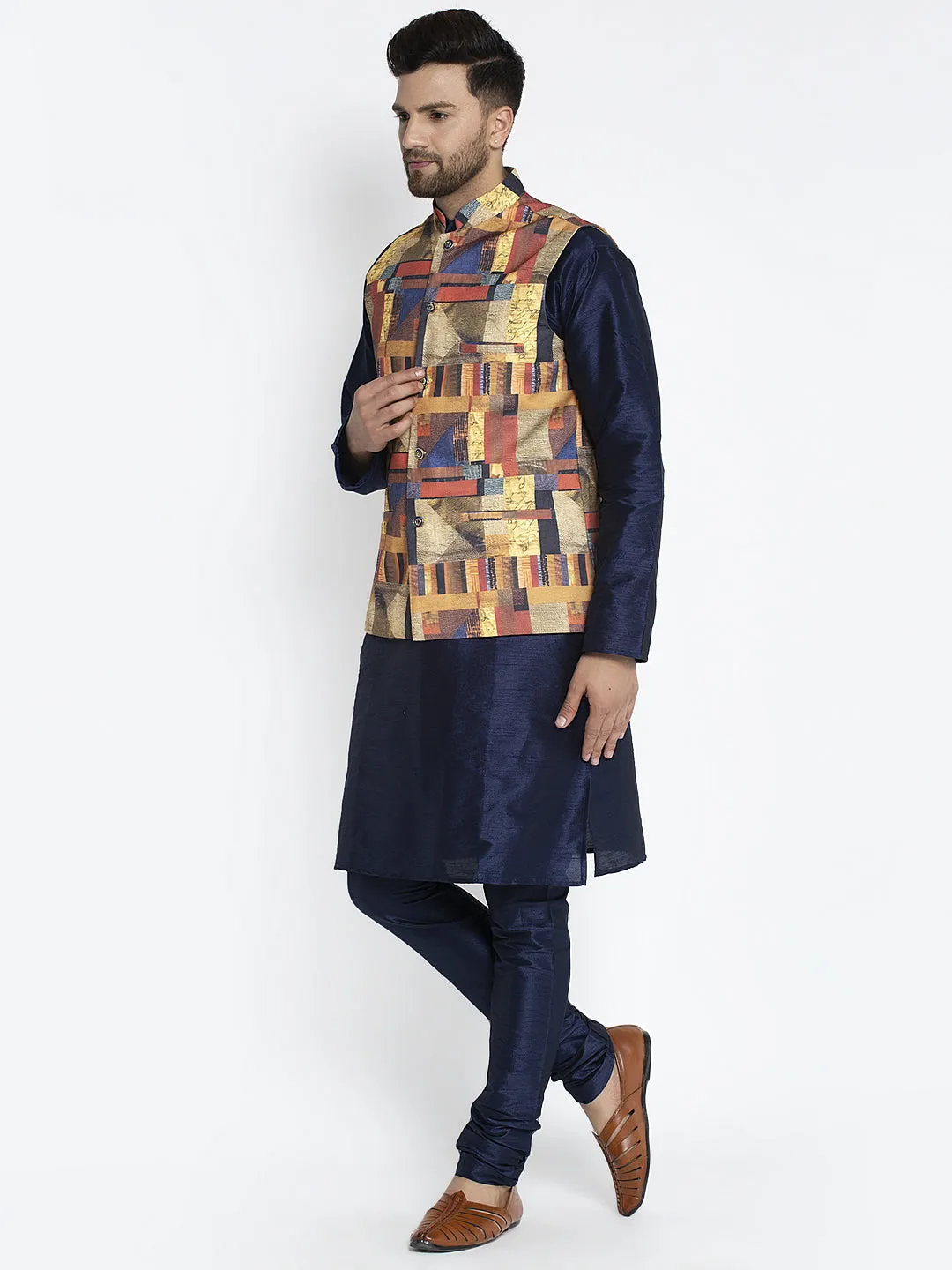 Men's Silk Blend Navy Blue Kurta With Pyjama & Multi Printed Nehru Jacket - Benstoke