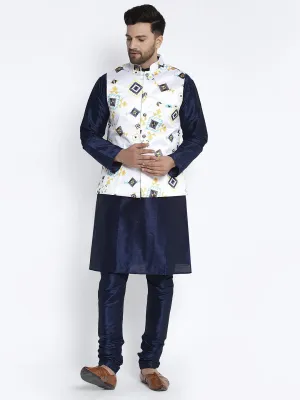 Men's Silk Blend Navy Blue Kurta With Pyjama & White Printed Nehru Jacket - Benstoke