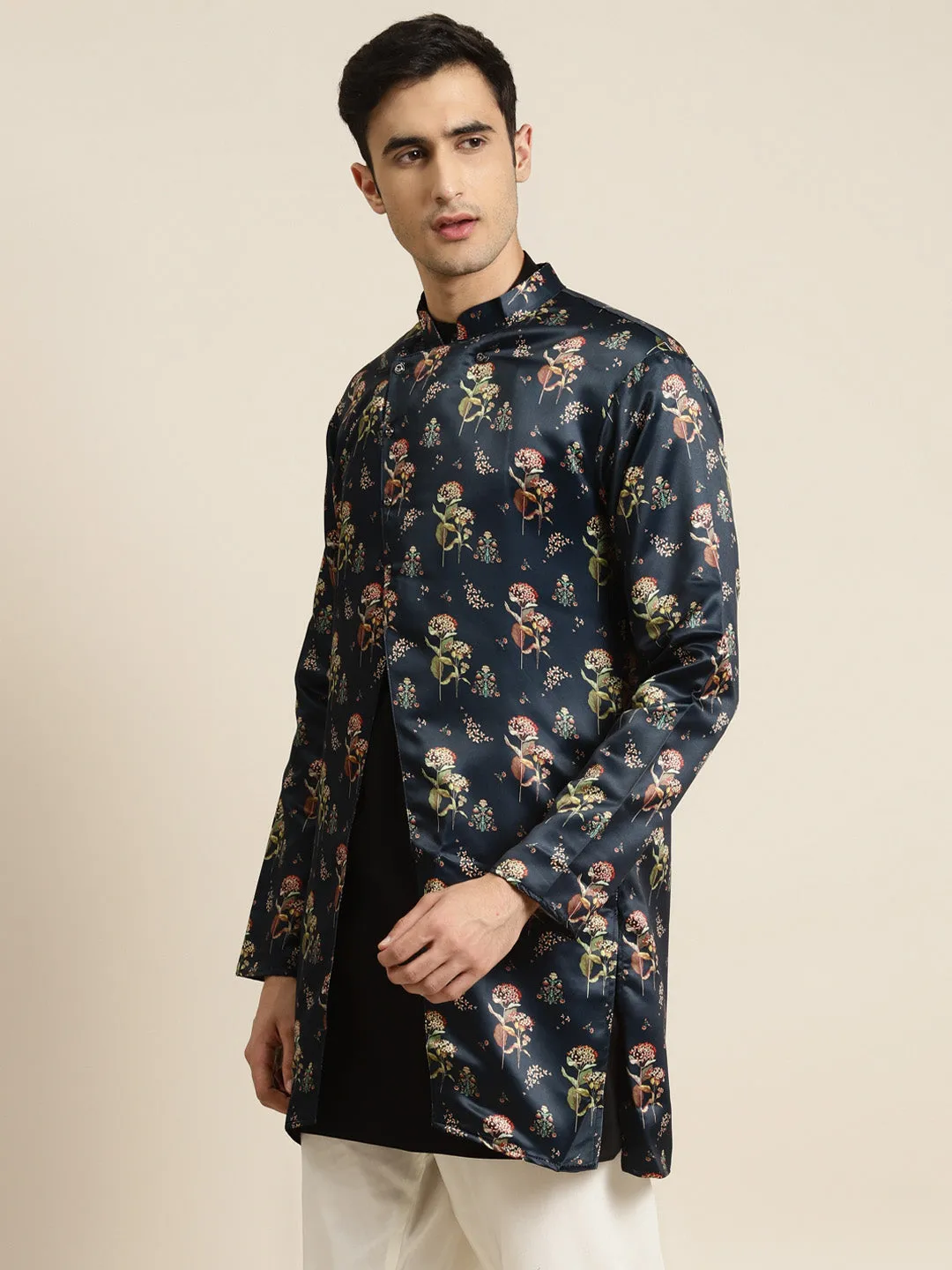 Men's Silk Blend Navy Blue Only Sherwani Jacket - Sojanya