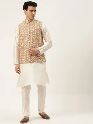 Men's Silk Blend Off White Kurta Pyjama & Dark Gold Nehrujacket Combo - Sojanya