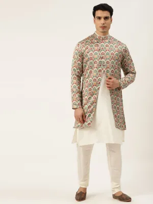 Men's Silk Blend Off White Kurta Pyjama & Fawn Sherwani Set - Sojanya