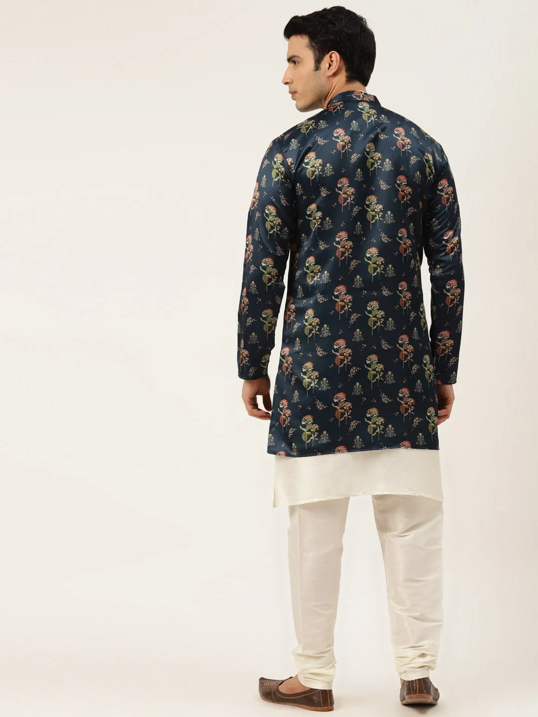 Men's Silk Blend Off White Kurta Pyjama & Navy Sherwani Set - Sojanya