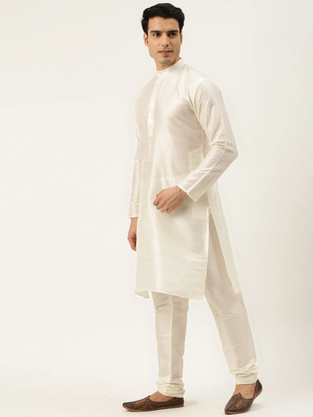 Men's Silk Blend Off White Kurta Pyjama & Navy Sherwani Set - Sojanya