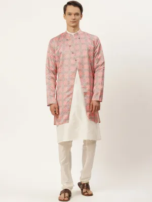 Men's Silk Blend Off White Kurta Pyjama & Rust Sherwani Set - Sojanya