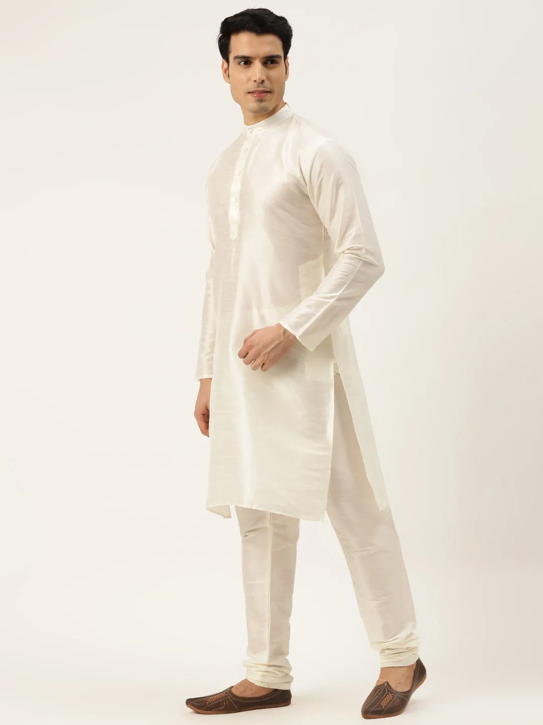 Men's Silk Blend Off White Kurta Pyjama & Seagreen Nehrujacket Combo - Sojanya