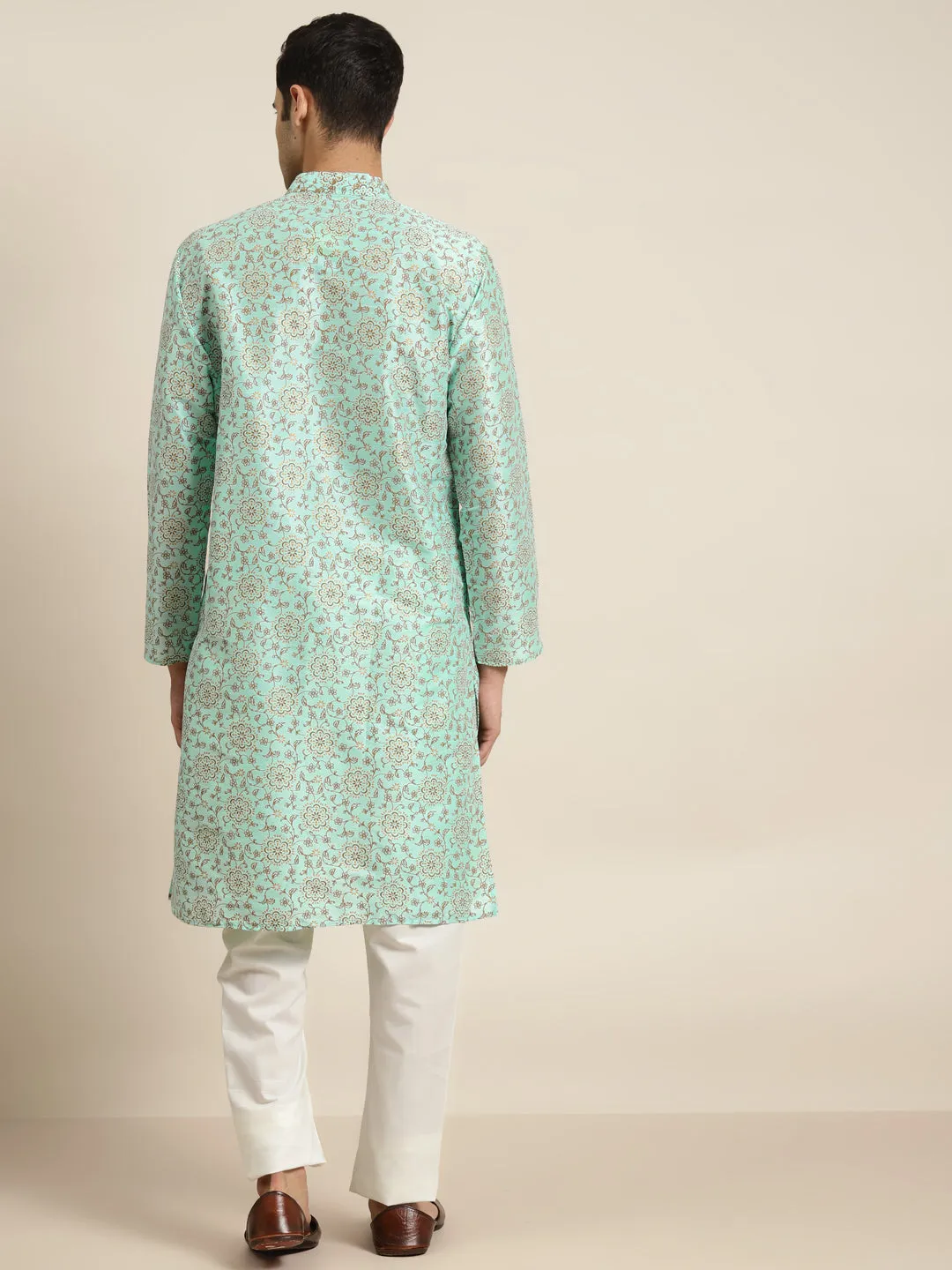 Men's Silk Blend Sea Green Kurta & Off White Churidar Pyjama Set - Sojanya