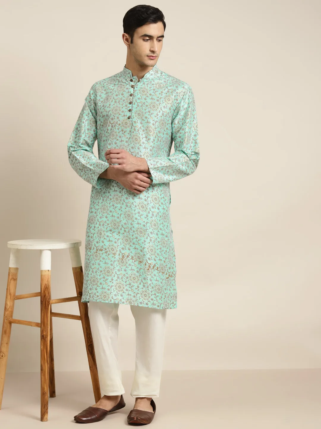 Men's Silk Blend Sea Green Kurta & Off White Churidar Pyjama Set - Sojanya