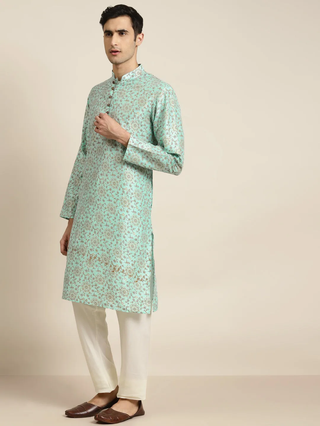 Men's Silk Blend Sea Green Kurta & Off White Churidar Pyjama Set - Sojanya