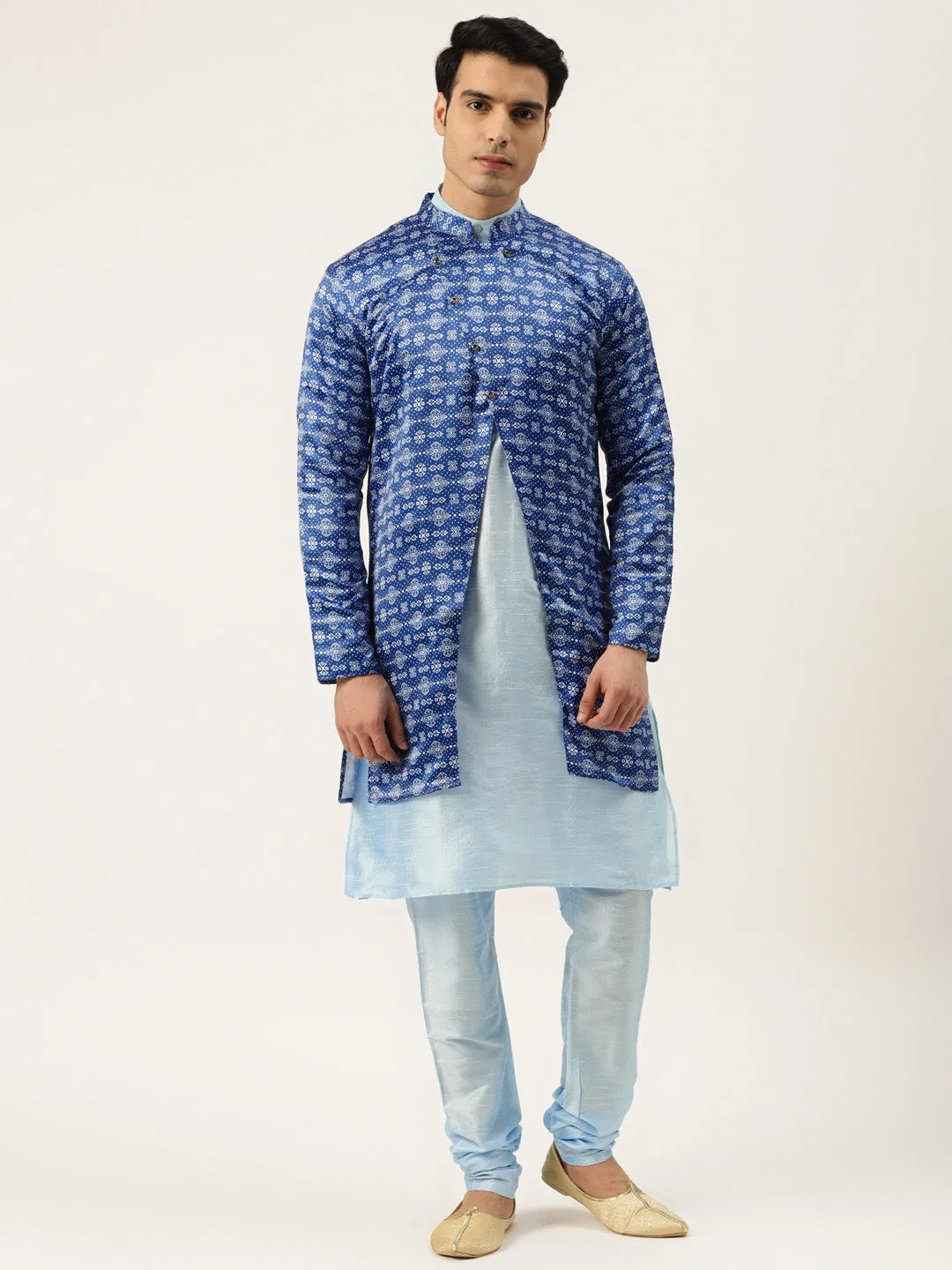 Men's Silk Blend Sky Blue Kurta Pyjama & Blue Sherwani Set - Sojanya