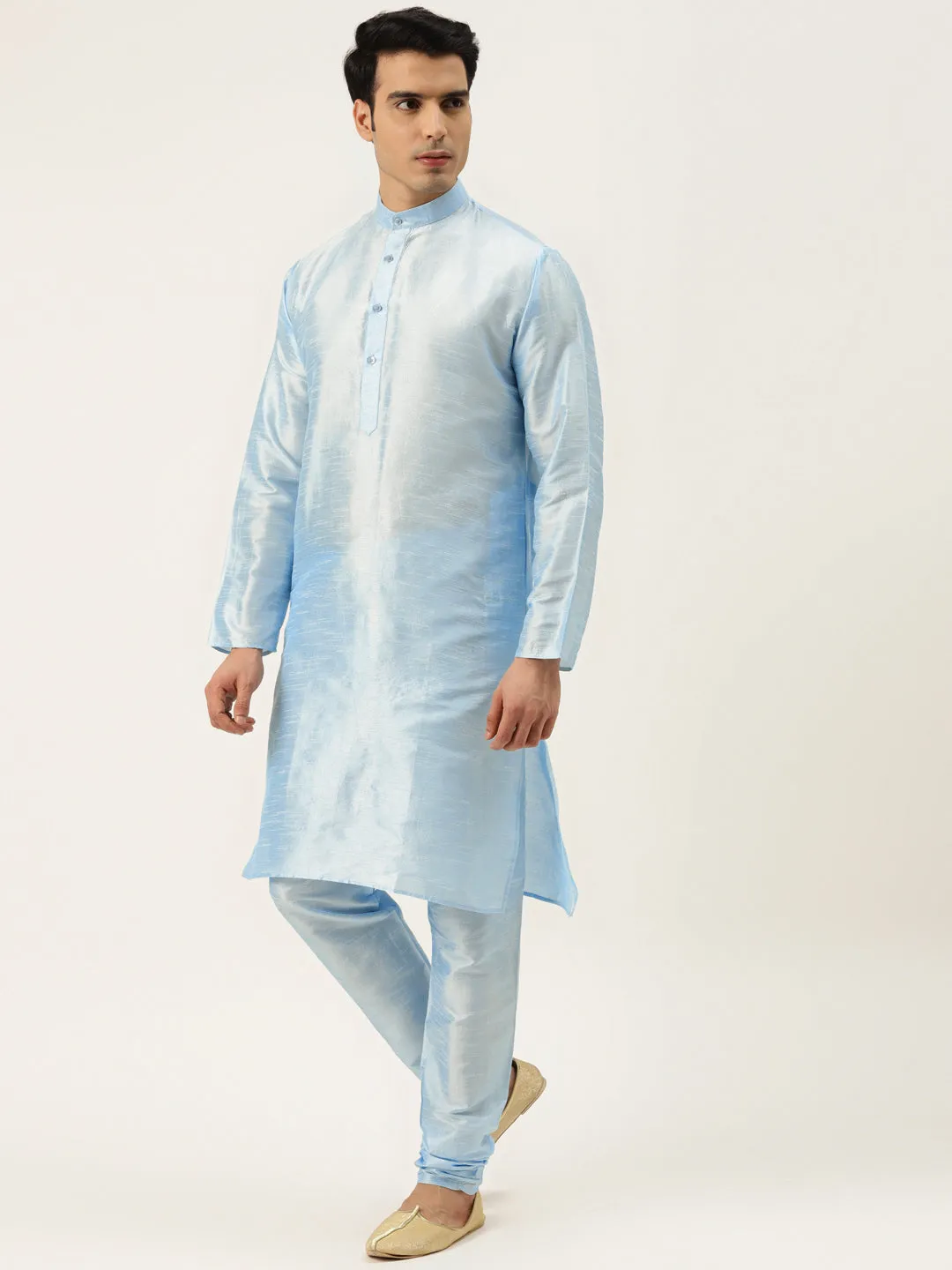 Men's Silk Blend Sky Blue Kurta Pyjama & Blue Sherwani Set - Sojanya