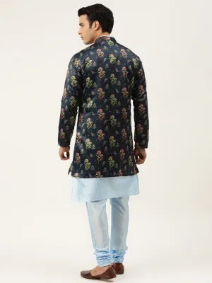 Men's Silk Blend Sky Blue Kurta Pyjama & Navy Sherwani Set - Sojanya