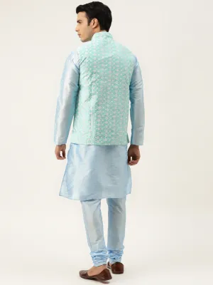 Men's Silk Blend Sky Blue Kurta Pyjama & Seagreen Nehrujacket Combo - Sojanya