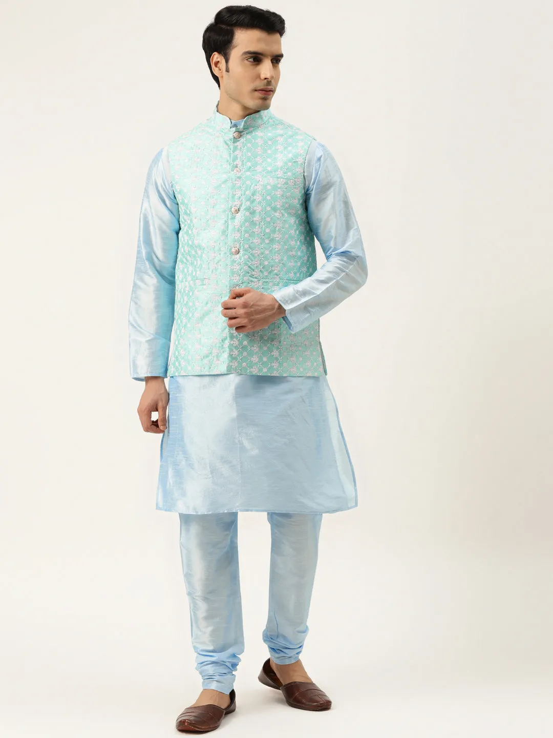 Men's Silk Blend Sky Blue Kurta Pyjama & Seagreen Nehrujacket Combo - Sojanya