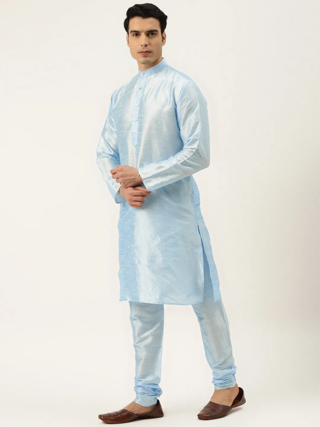 Men's Silk Blend Sky Blue Kurta Pyjama & Seagreen Nehrujacket Combo - Sojanya