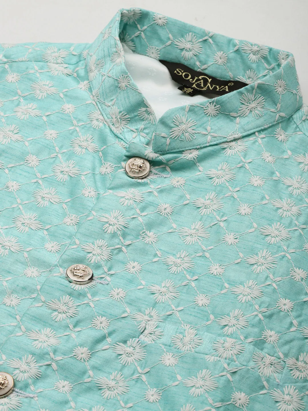 Men's Silk Blend Sky Blue Kurta Pyjama & Seagreen Nehrujacket Combo - Sojanya