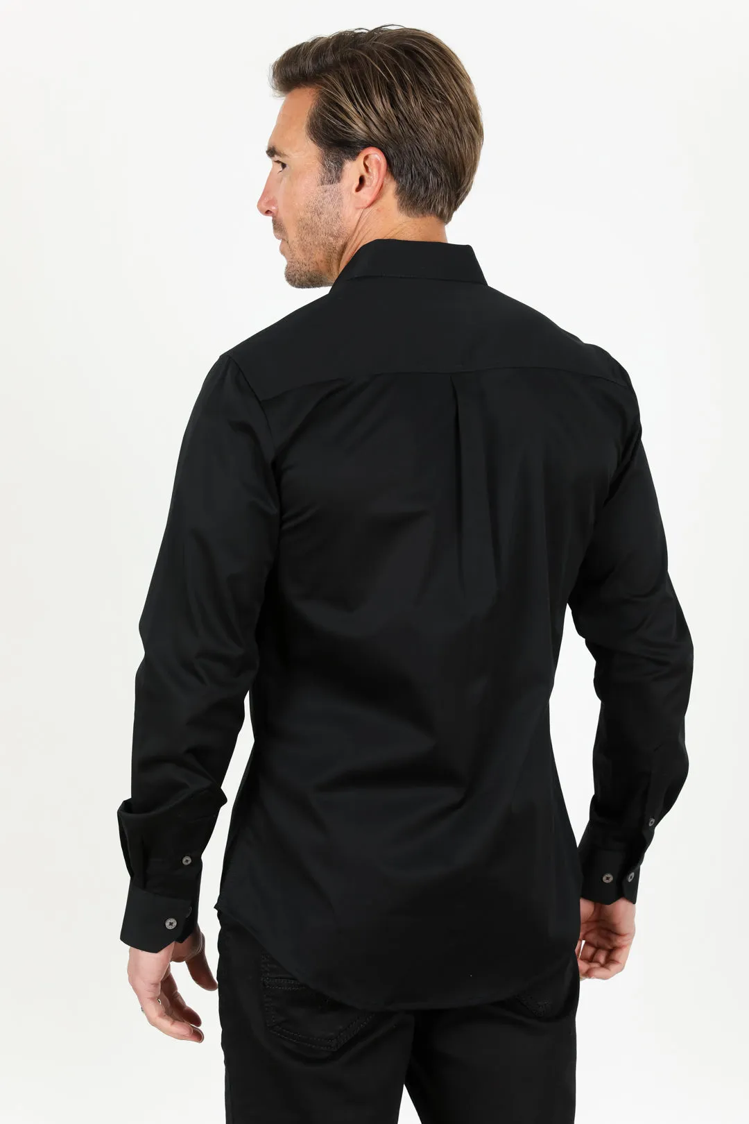 Men’s Single Pocket Logo Modern Fit Stretch Dress Shirt - Black