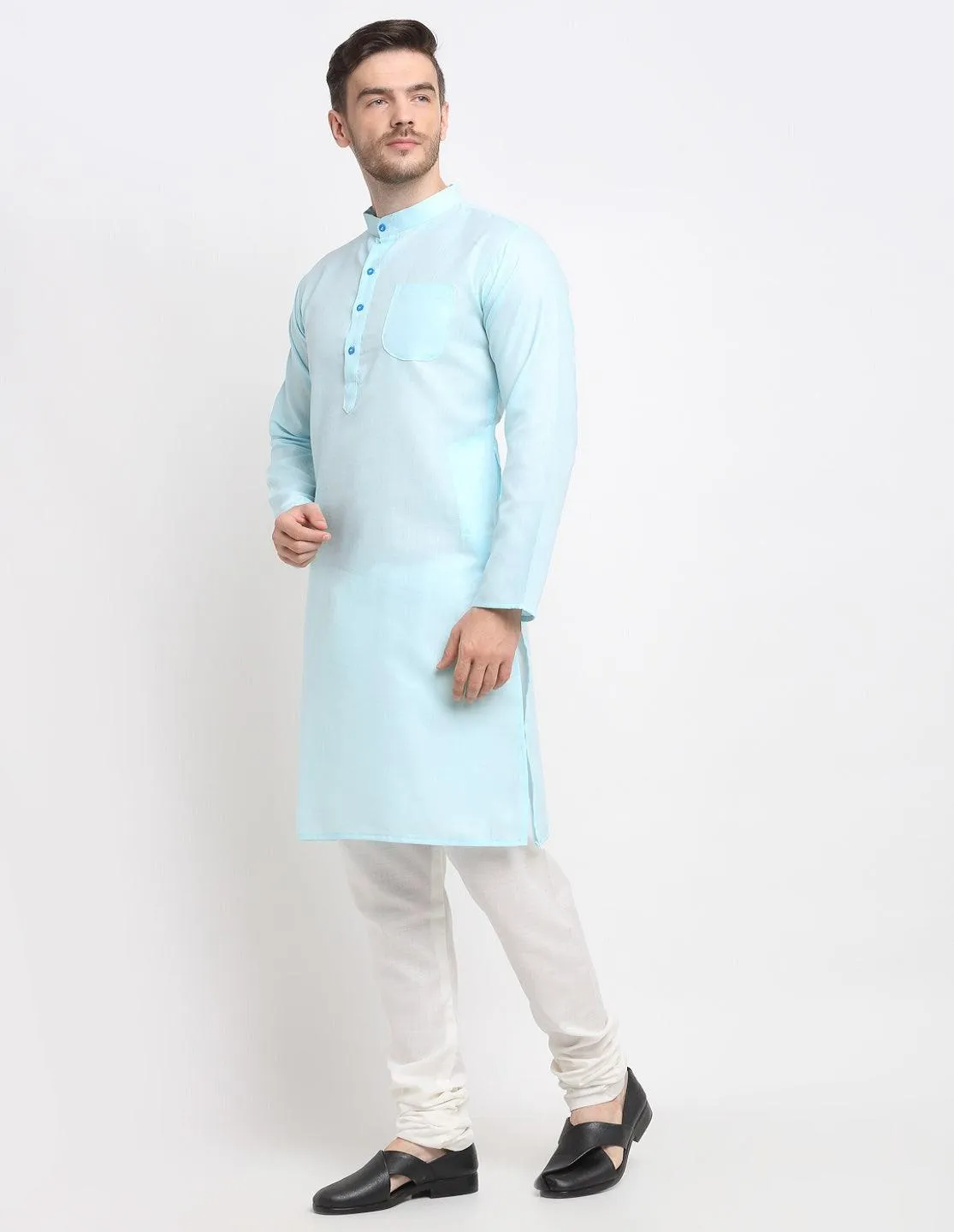 Men's Sky Blue & White Cotton Solid Kurta With Churidaar Set - Benstoke