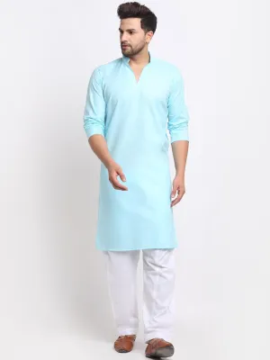 Men's Sky Blue Solid Pathani Kurta With White Salwar - Benstoke