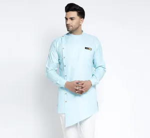 Men's Sky Blue Solid Short Kurta - Benstoke