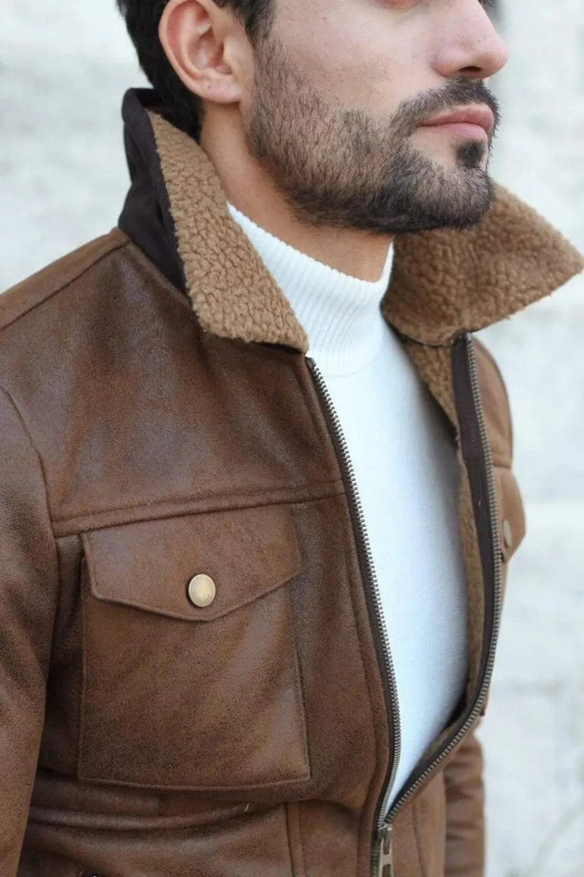 Men's Slim Fit Brown Leather Trucker Jacket with Fur Collar