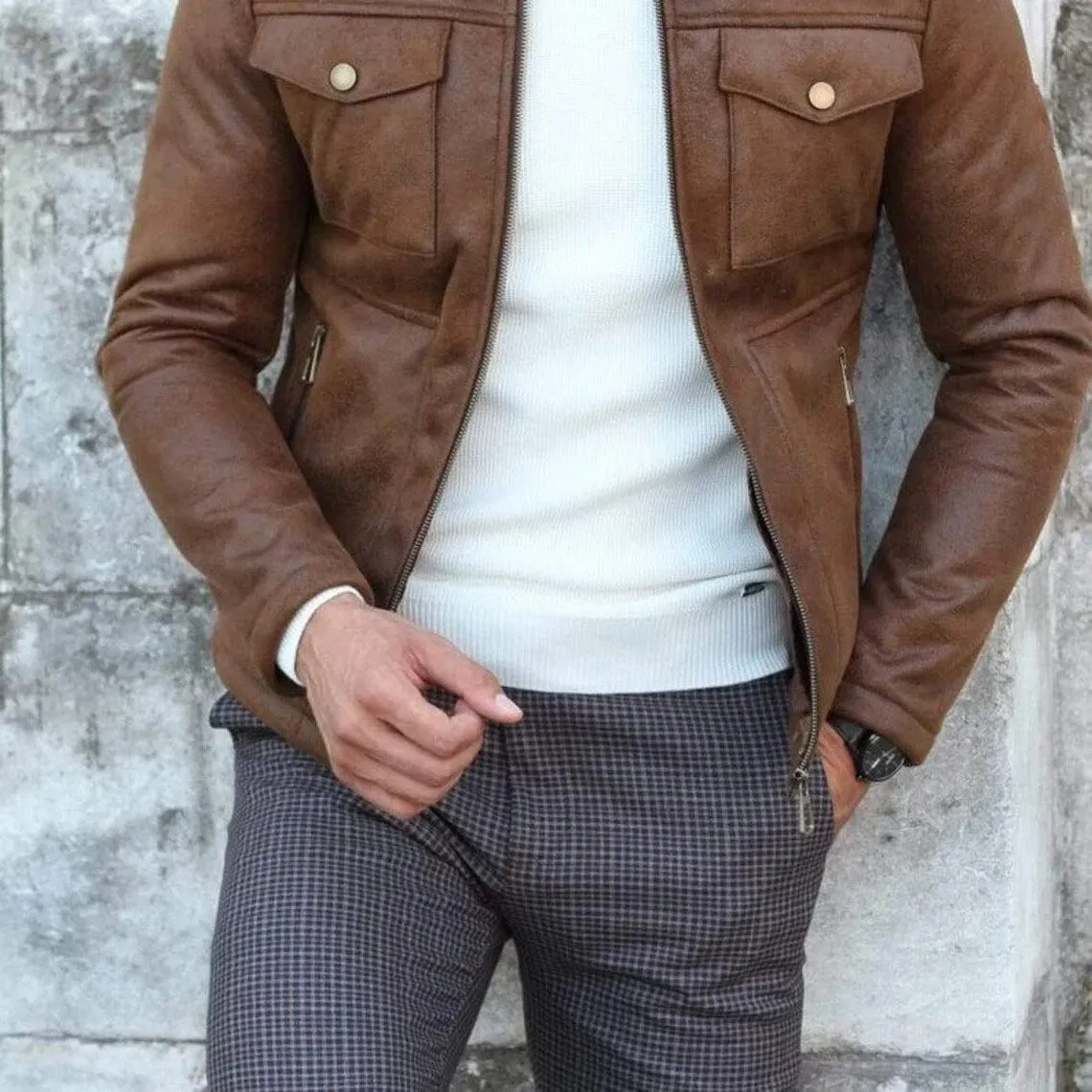 Men's Slim Fit Brown Leather Trucker Jacket with Fur Collar