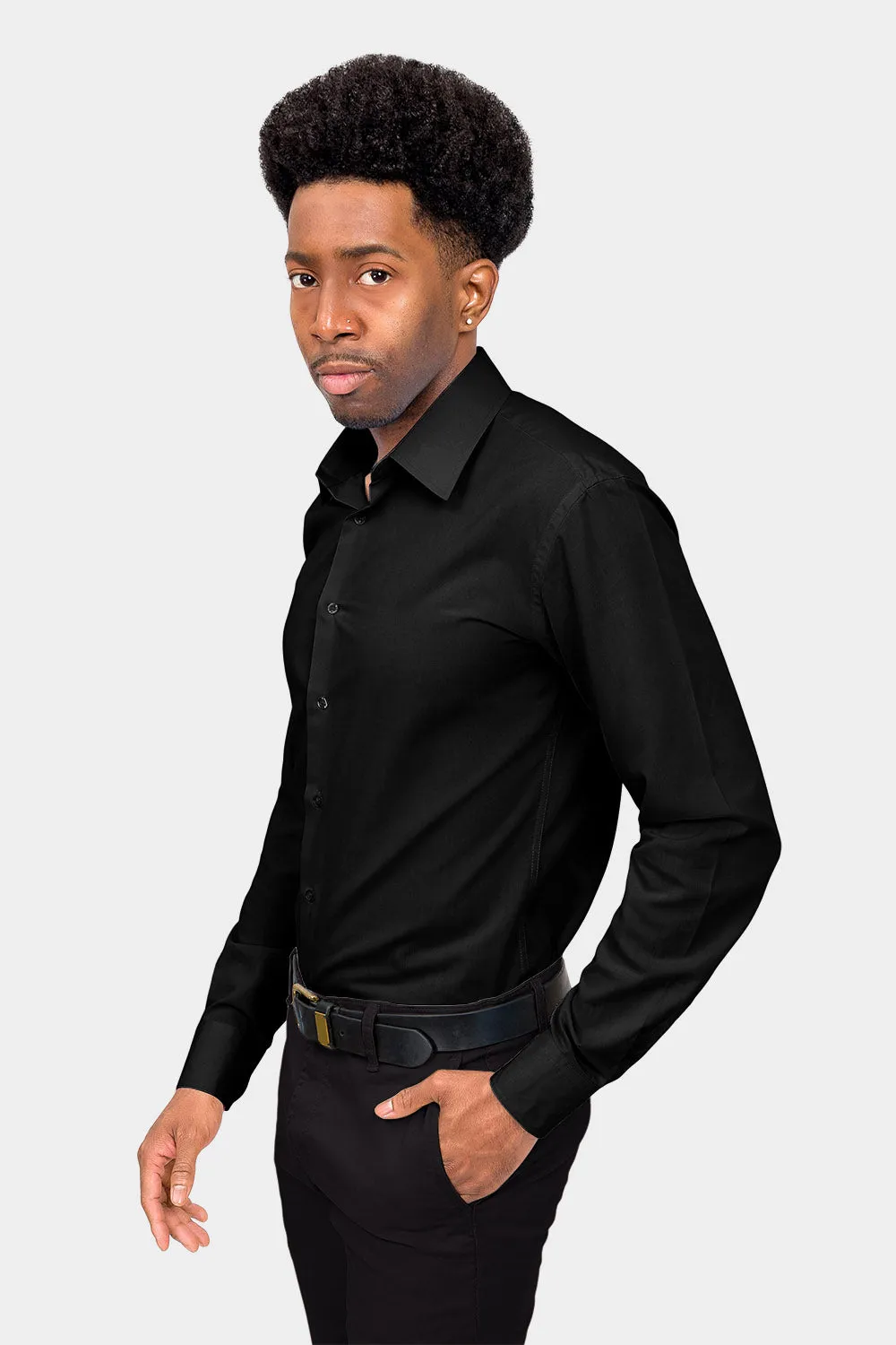 Men's Slim Fit Solid Color Dress Shirt (Black)