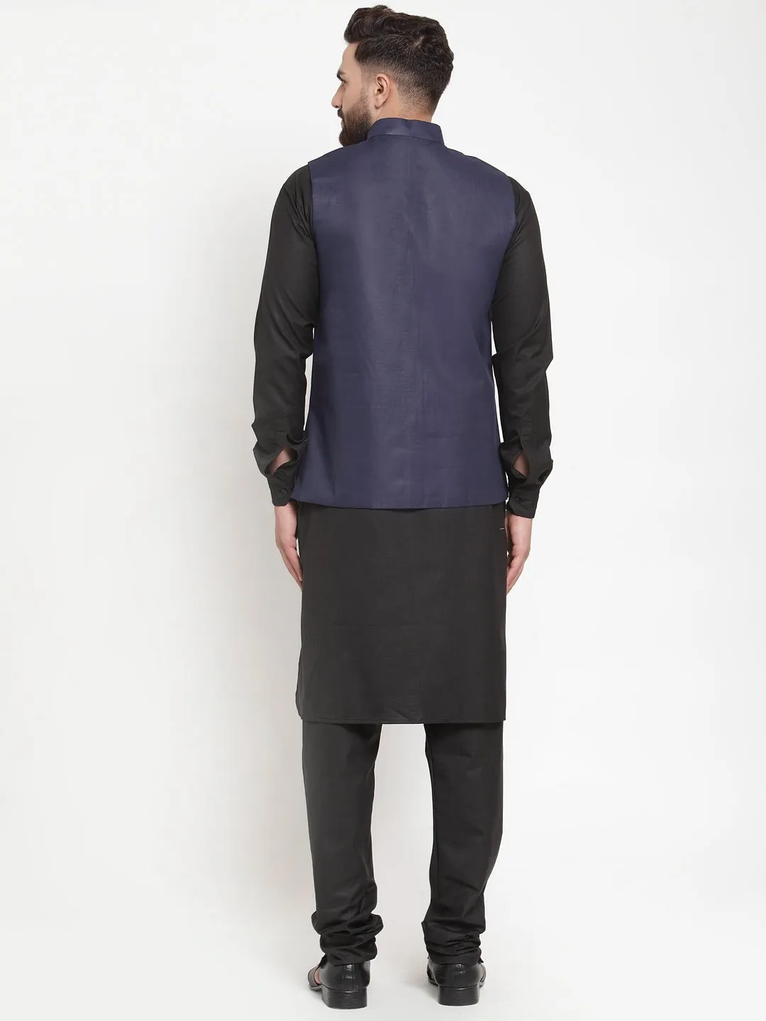 Men's Solid Kurta Pajama with Solid Waistcoat ( JOKP WC 4052Navy ) - Virat Fashions