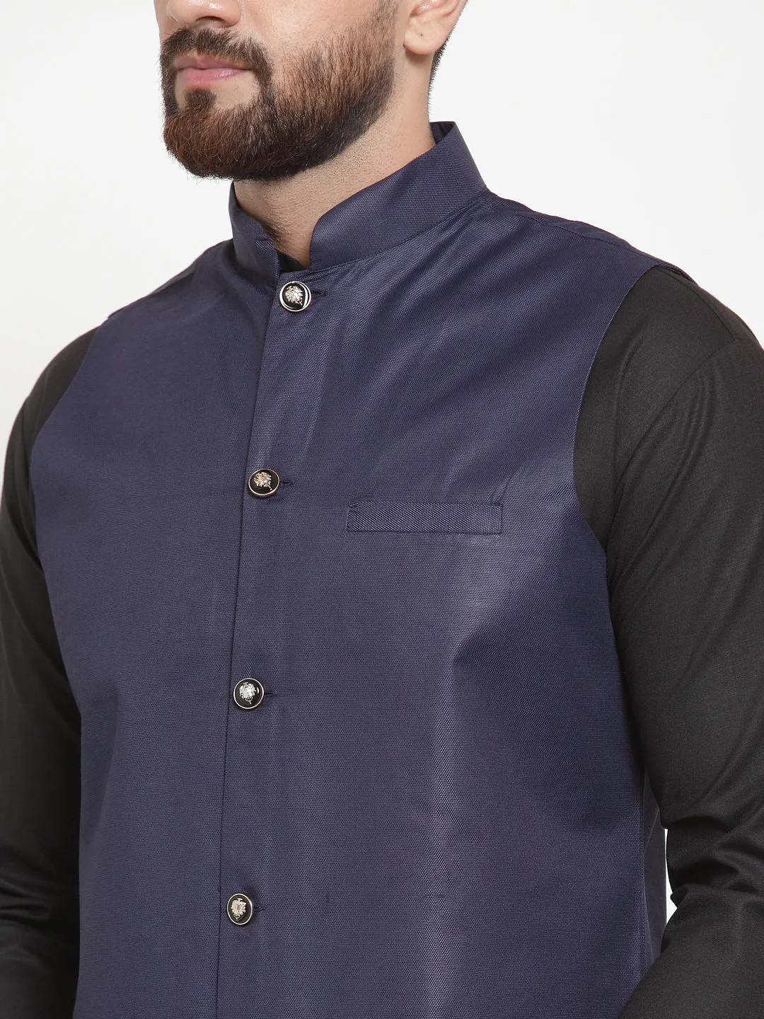 Men's Solid Kurta Pajama with Solid Waistcoat ( JOKP WC 4052Navy ) - Virat Fashions