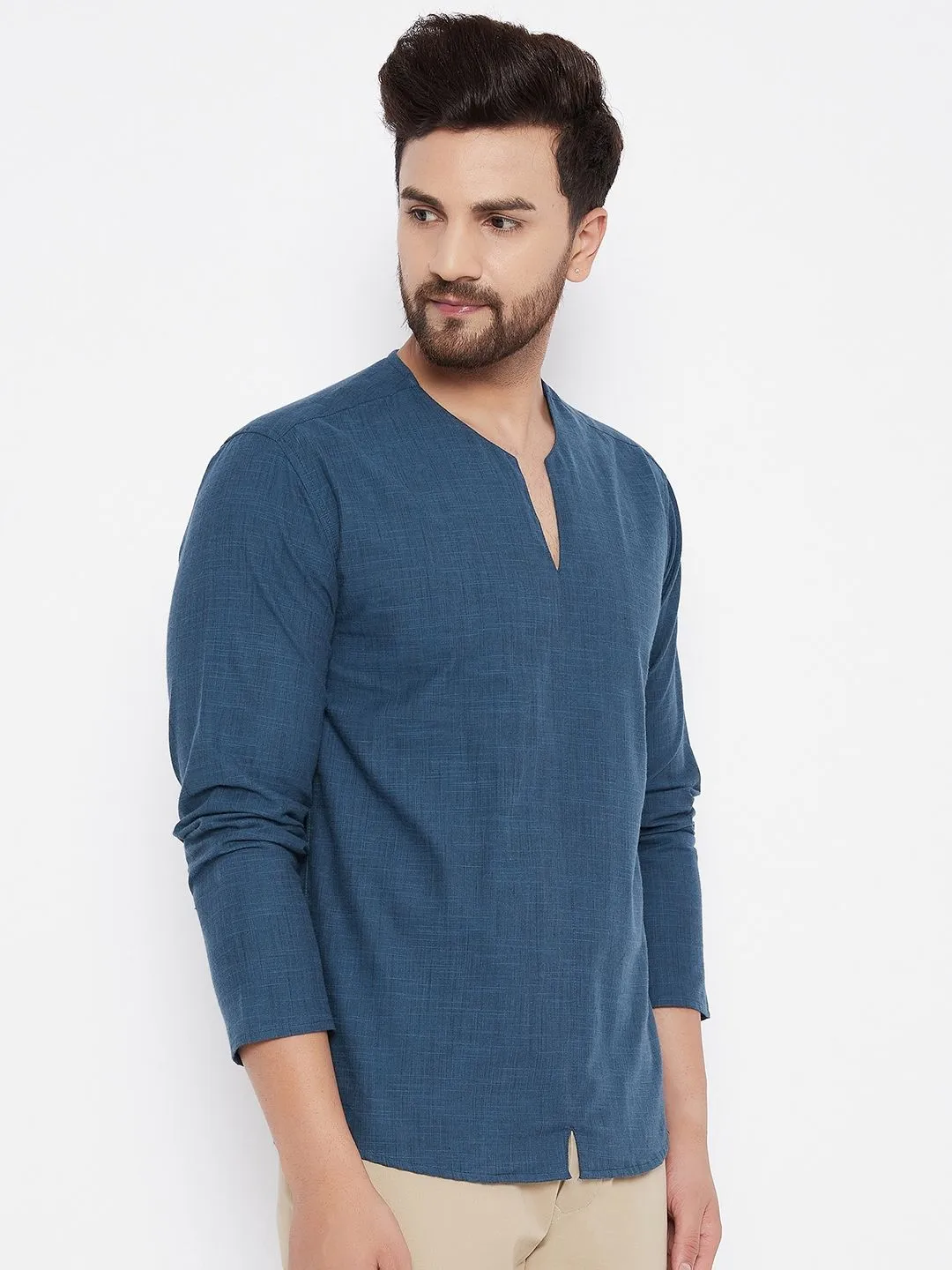 Men's Solid Pure Cotton Blue Kurta - Even Apparels