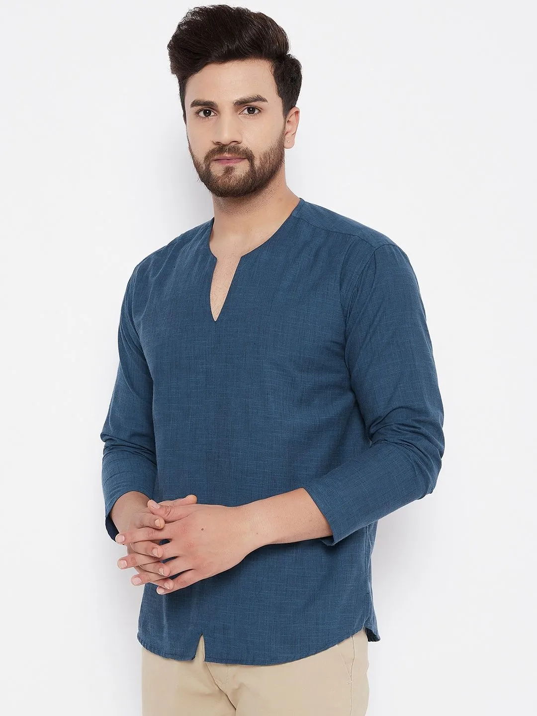 Men's Solid Pure Cotton Blue Kurta - Even Apparels