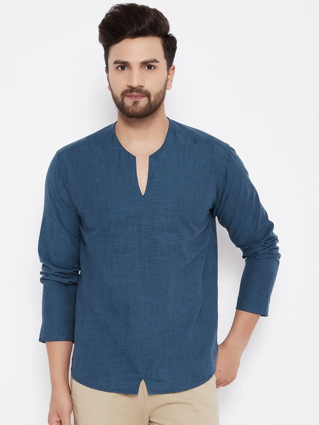 Men's Solid Pure Cotton Blue Kurta - Even Apparels