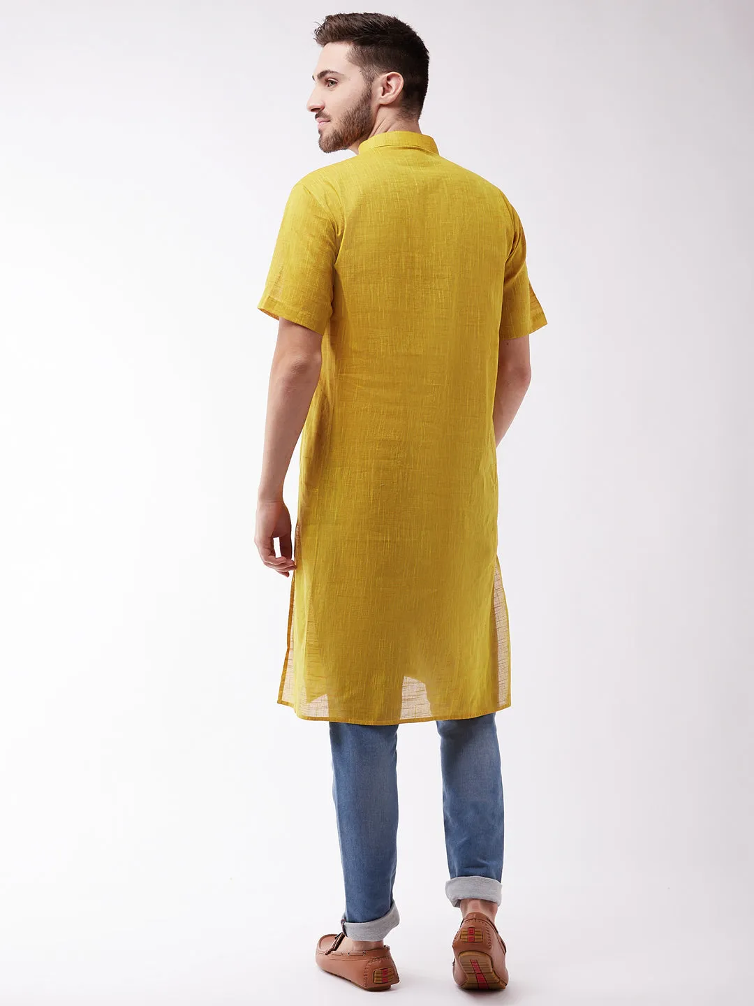 Men's Solid Yellow Pure Cotton Kurta - Vastramay