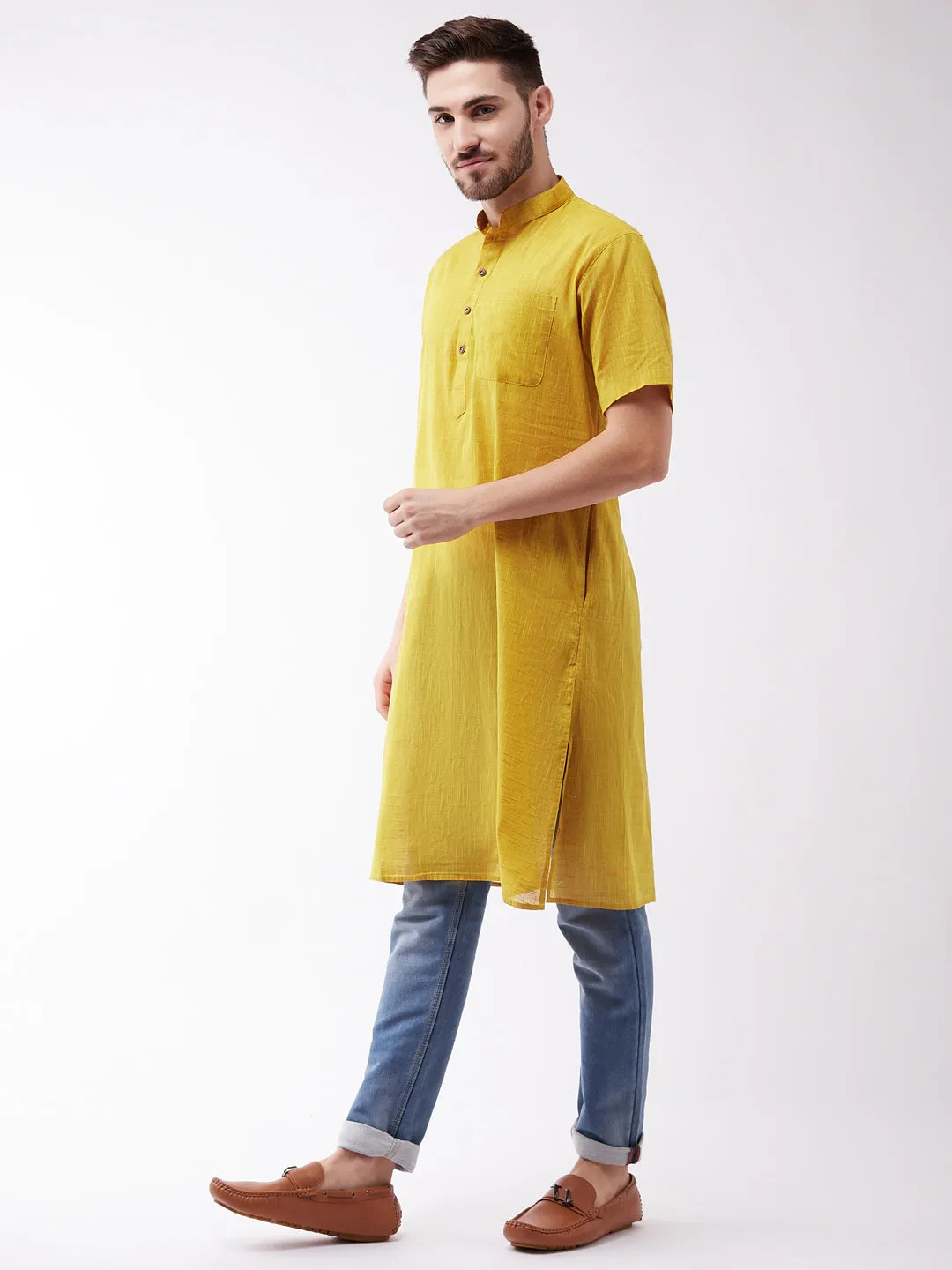 Men's Solid Yellow Pure Cotton Kurta - Vastramay